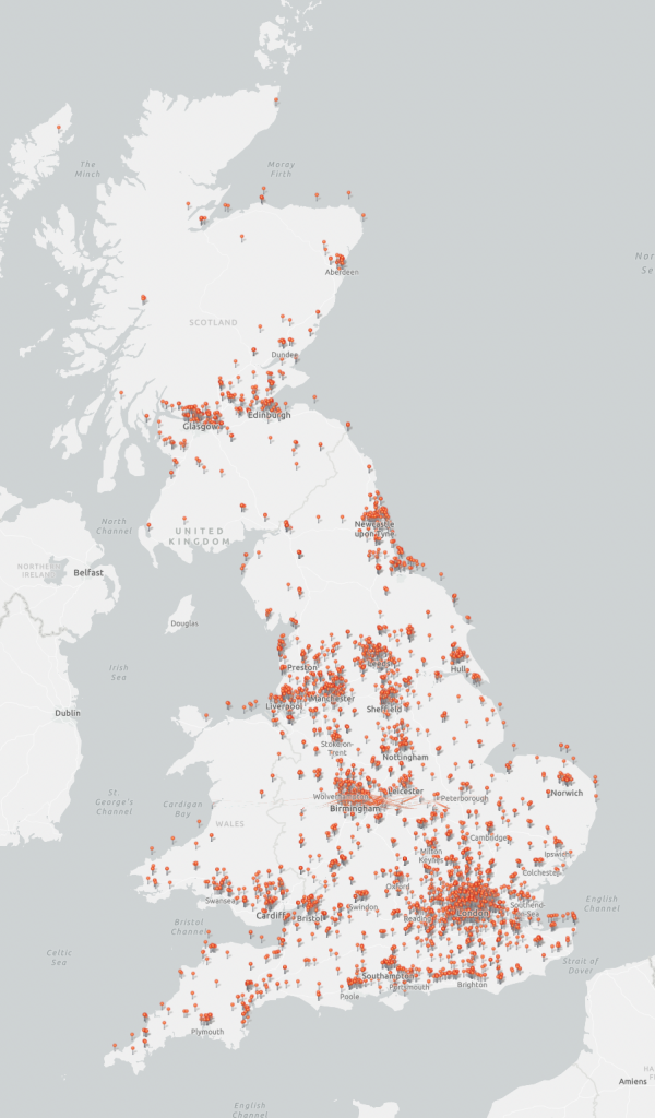 Map of retail sites we cover in the UK