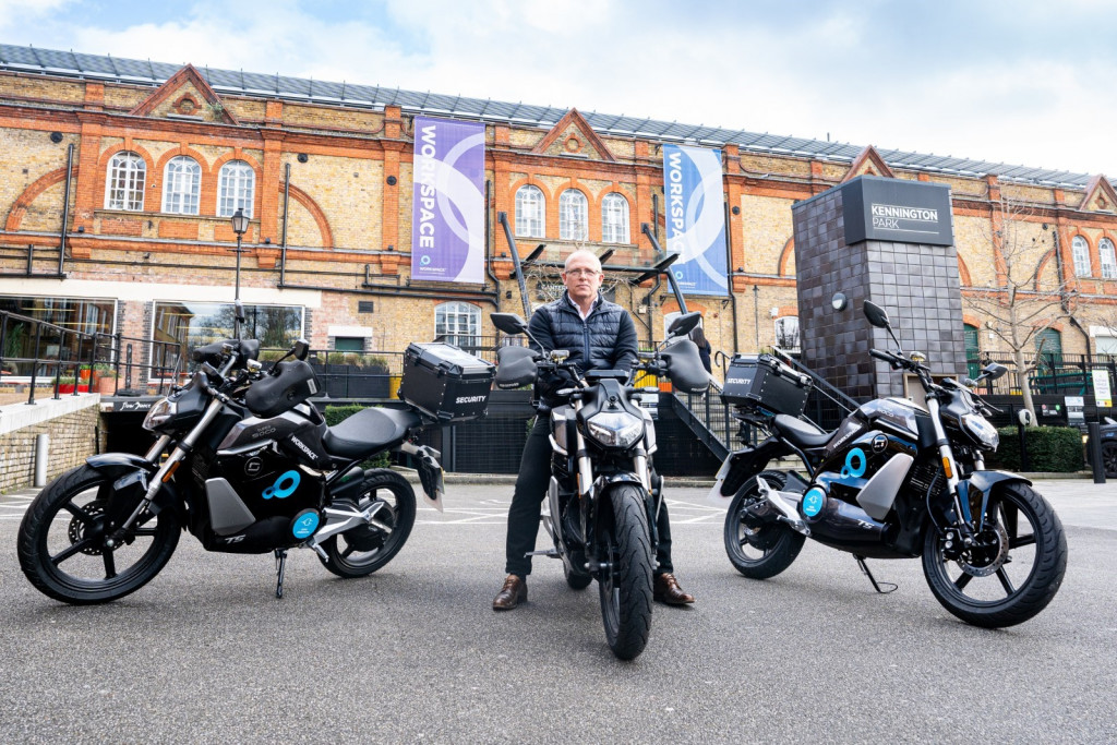 Darren Baker with 3 of the new Super Soco TS Street Hunter motorbikes
